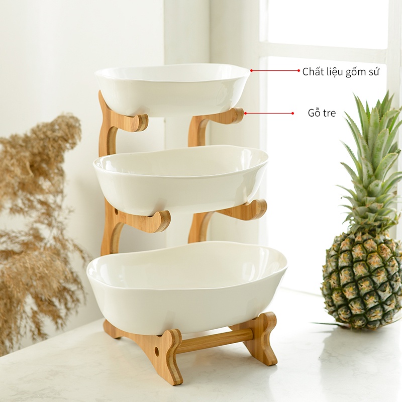 khay đựng trái cây ba tầng, giá đỡ bằng tre, khay đựng bằng gốm , khay đựng trái cây, khay đựng mứt , khay đựng bánh kẹo