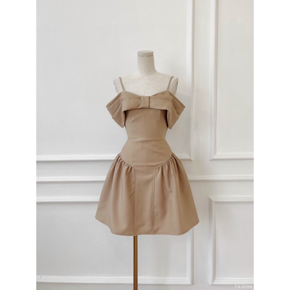 Đầm trễ vai nữ dáng xoè NPSHOP, váy 2 dây ngắn kiểu nơ bản to màu nude, đen NPDAM036