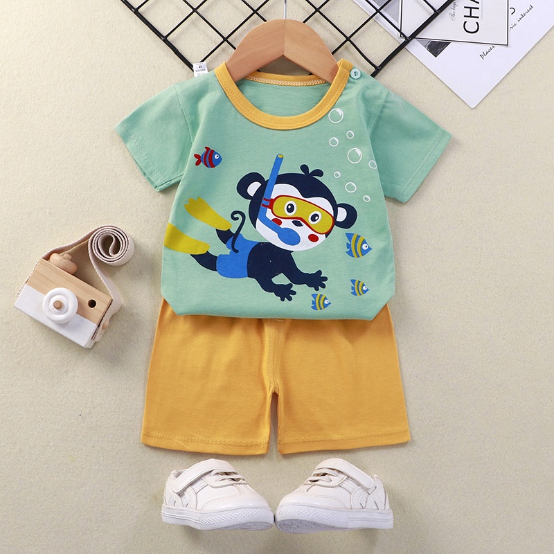 Bộ Áo Thun Tay Ngắn 100% Cotton In Họa Tiết Động Vật Hoạt Hình + Quần Dài Thời Trang Mùa Hè Cho Bé Trai 1-7 Tuổi