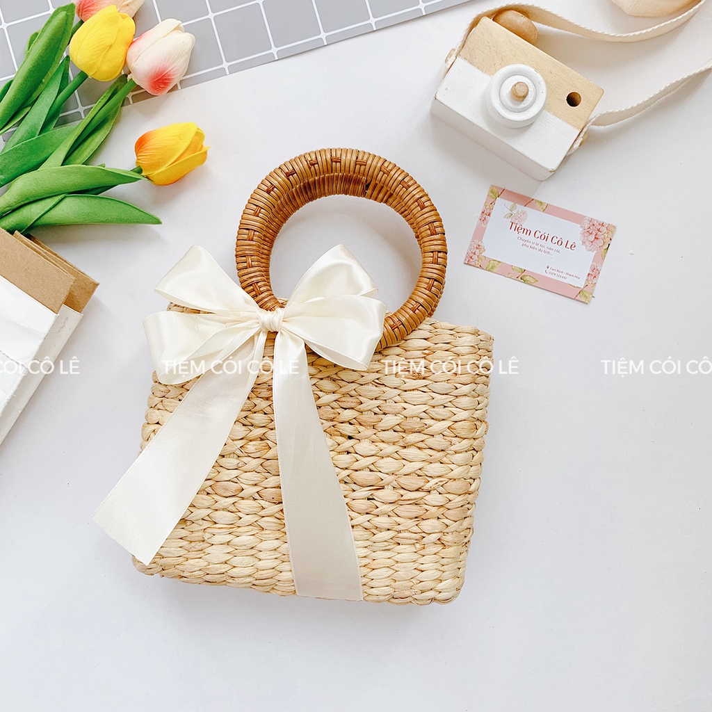 Túi lục bình mini dáng vuông, làn cầm tay đan kiểu mắt na xinh xắn - Tiệm Cói Cô Lê