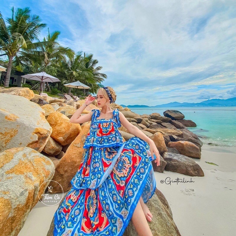 Đầm Tầng Tay Nơ Xanh Thổ Cẩm Nhập QC | BigBuy360 - bigbuy360.vn