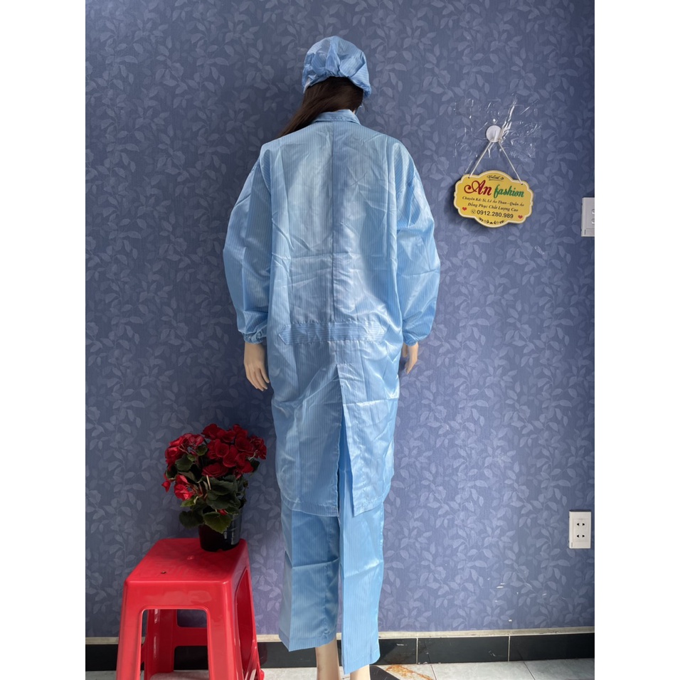 Áo blouse phòng sạch chống tĩnh điện kéo khóa cổ bẻ mặc phòng lab _ Hình chụp thật