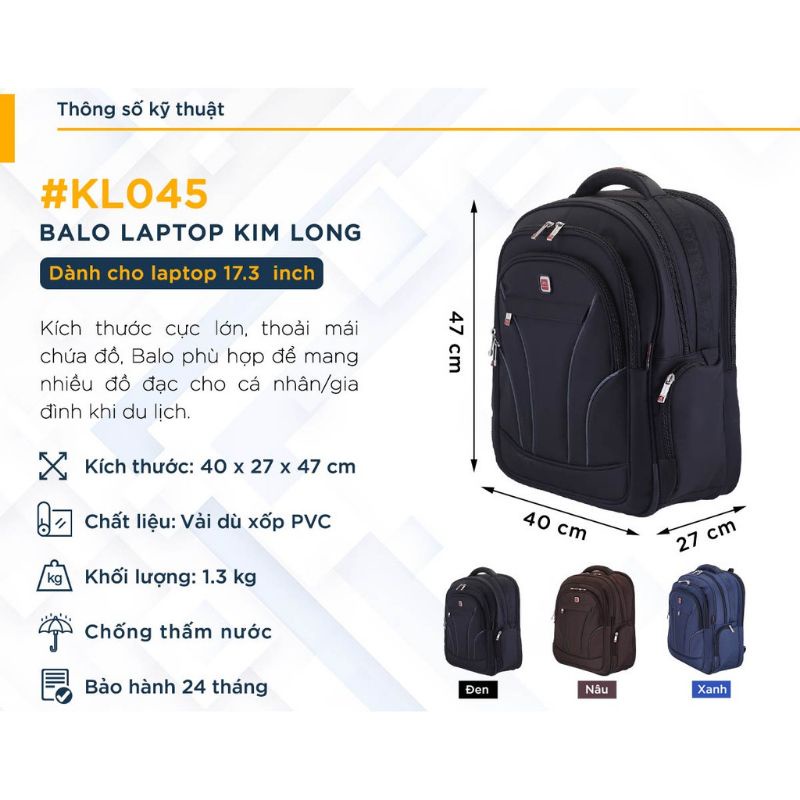Balo Laptop 17inch -Balo Du lịch size lớn cao cấp kim long kl045