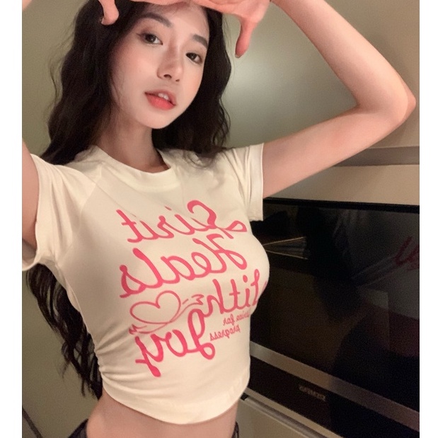 【WANG JIAO ZHAN】 Áo croptop thun ngắn tay in họa tiết chữ thời trang dành cho nữ【6779】