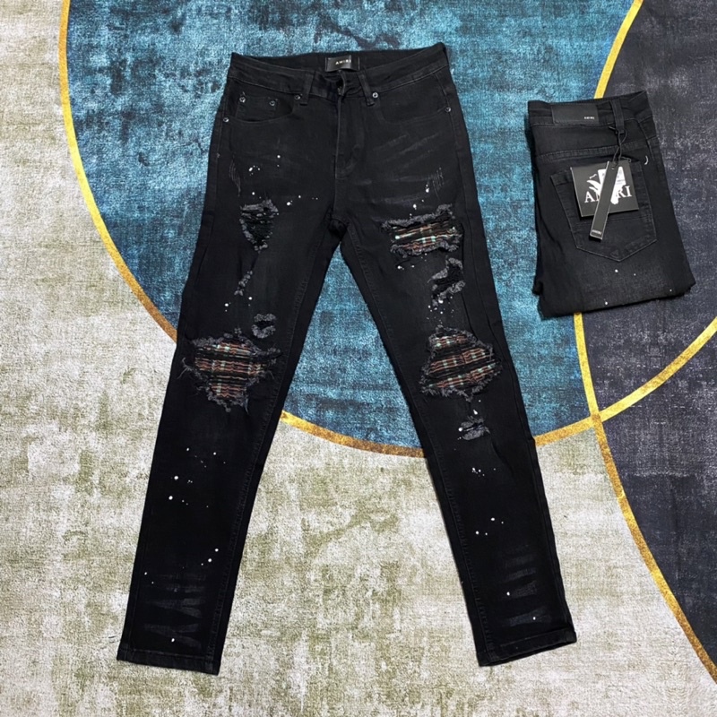 Quần jean vá nhăn kẻ màu xanh nâu,quần bò rách gối vá nhăn amirii