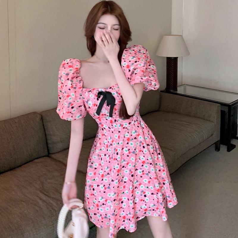 Đầm Tay Ngắn Cổ Vuông Họa Tiết Hoa Phối Nơ Xinh Xắn Phong Cách Pháp