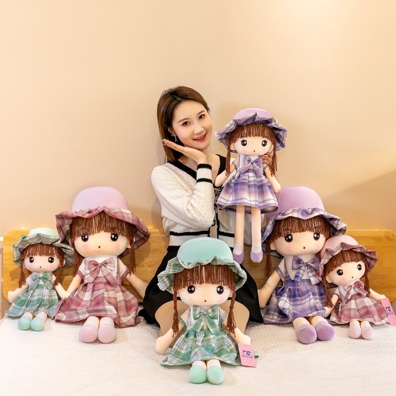 Búp Bê Gấu Bông Mũ Kẻ CaRo Kích Thước 45cm Và 60cm Cho Các Bé