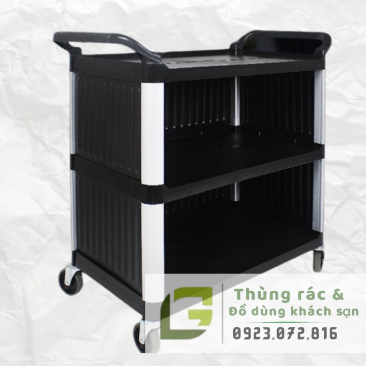 *Sale sập sàn* Xe đẩy dọn thức ăn, bát đũa 3 tầng bằng nhựa, có 4 bánh xe (Không đi kèm xô, thau), loại có vách ngăn
