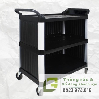 *Sale sập sàn* Xe đẩy dọn thức ăn, bát đũa 3 tầng bằng nhựa, có 4 bánh xe (Không đi kèm xô, thau), loại có vách ngăn