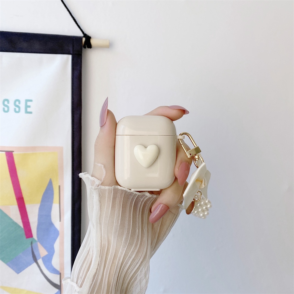 Vỏ Bảo Vệ Hộp Sạc Tai Nghe AirPods Pro 1 2 3 Hình Hộp Sữa Trái Tim Màu Trắng Kèm Dây Đeo Ốp