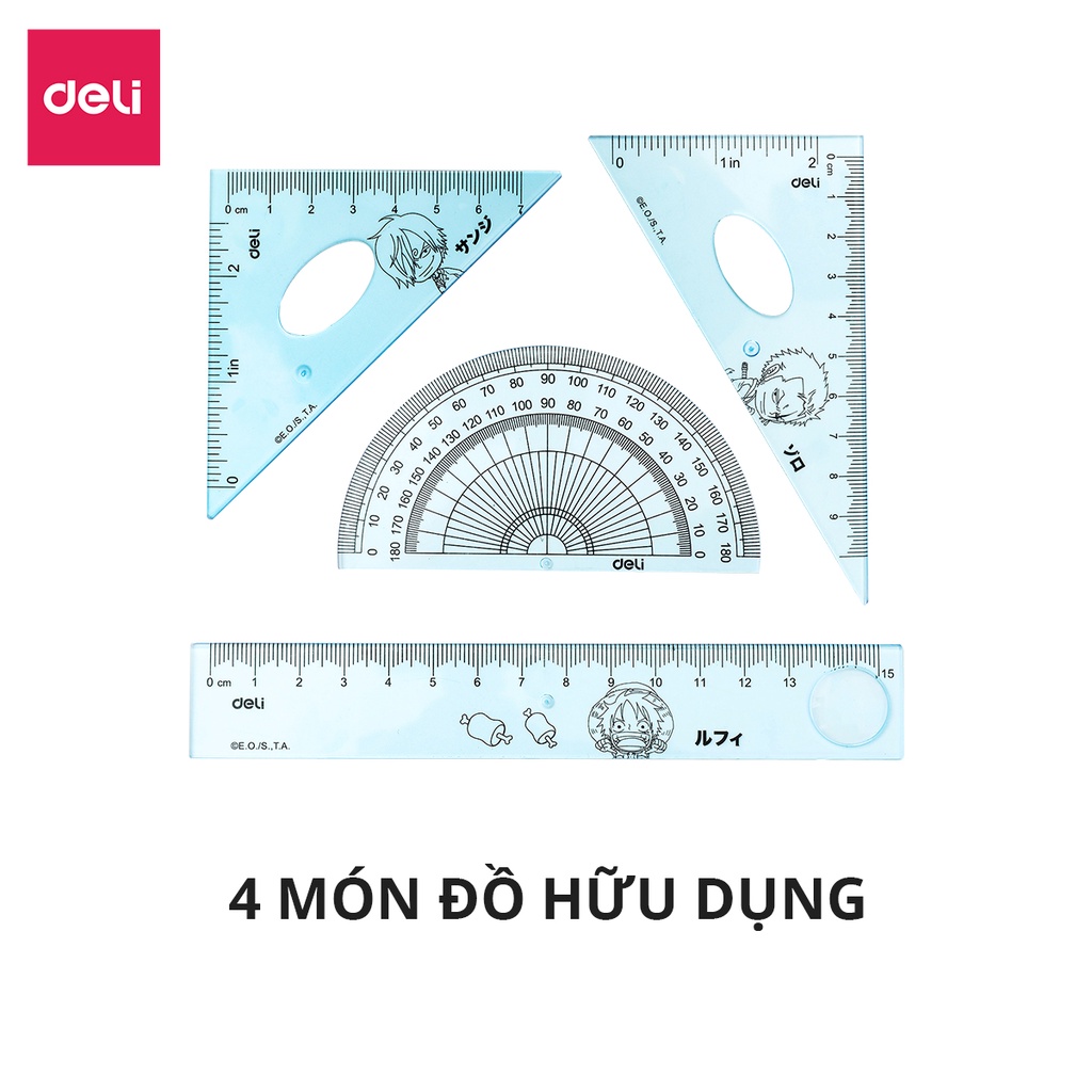 Bộ 4 dụng cụ eke học sinh Deli One Piece - 1 bộ eke thước kẻ đo góc tam giác vuông - màu ngẫu nhiên - EH17