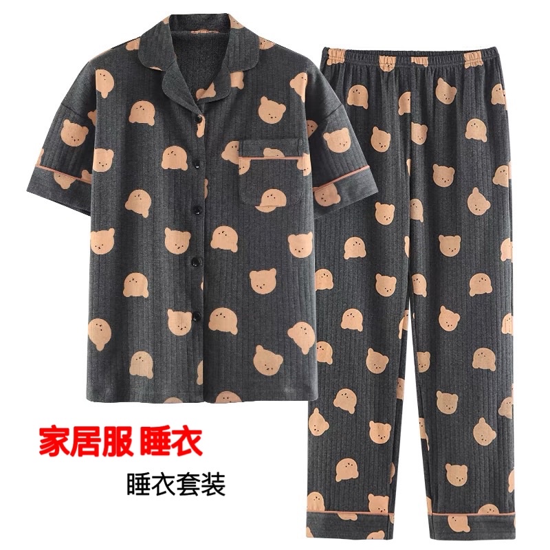 Bộ đồ ngủ pijama nữ cộc tay quần dài chất lụa Kate Thái mềm mịn màu xám đen họa tiết đầu gấu nâu xinh - CD0065
