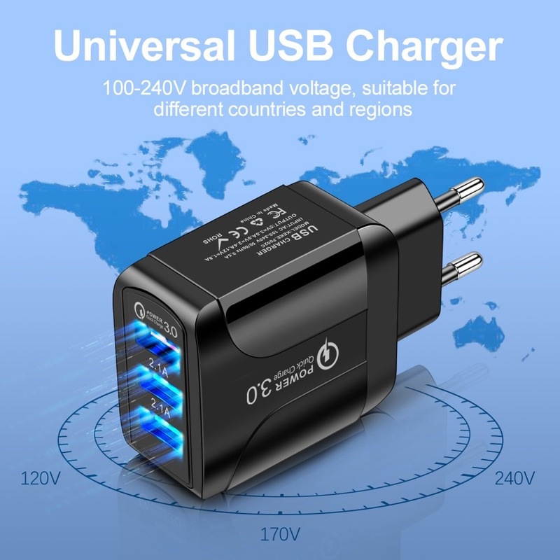 Củ Sạc 15W 3 Cổng USB Phích Cắm US EU Cho Điện Thoại Android