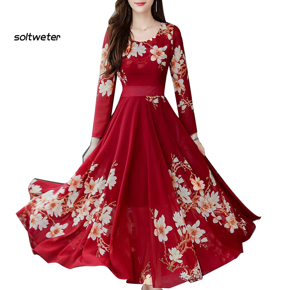 Đầm Maxi Hoa Tay Dài Cổ Tròn Thời Trang Dành Cho Nữ