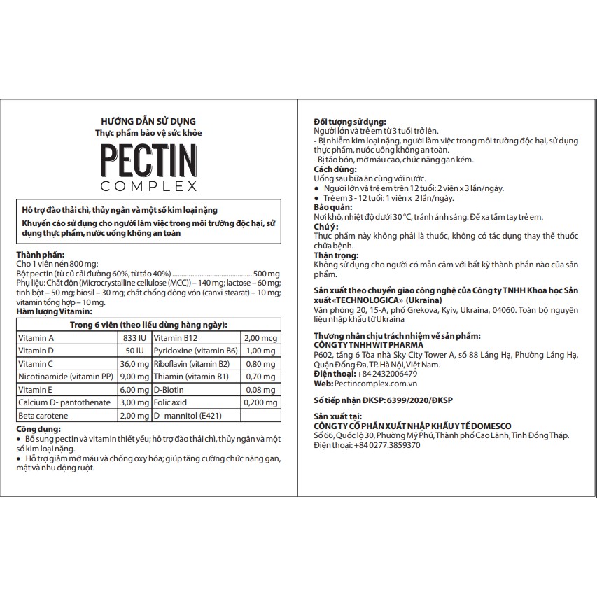 Viên uống thải độc kim loại nặng Pectin Complex - Hộp 60 viên