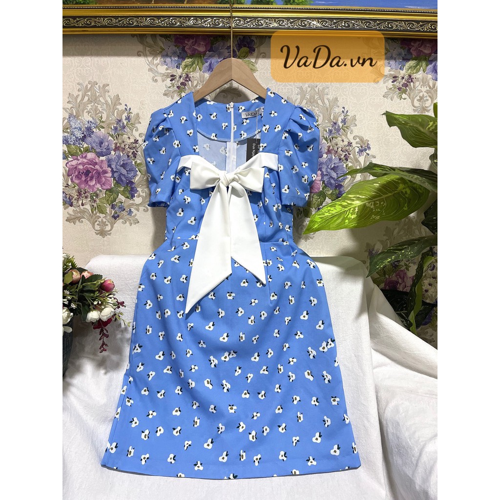 Đầm cổ vuông cách điệu phối nơ siêu iu tay phồng in hoa 3D - Thời trang VADA - Đ38 | BigBuy360 - bigbuy360.vn