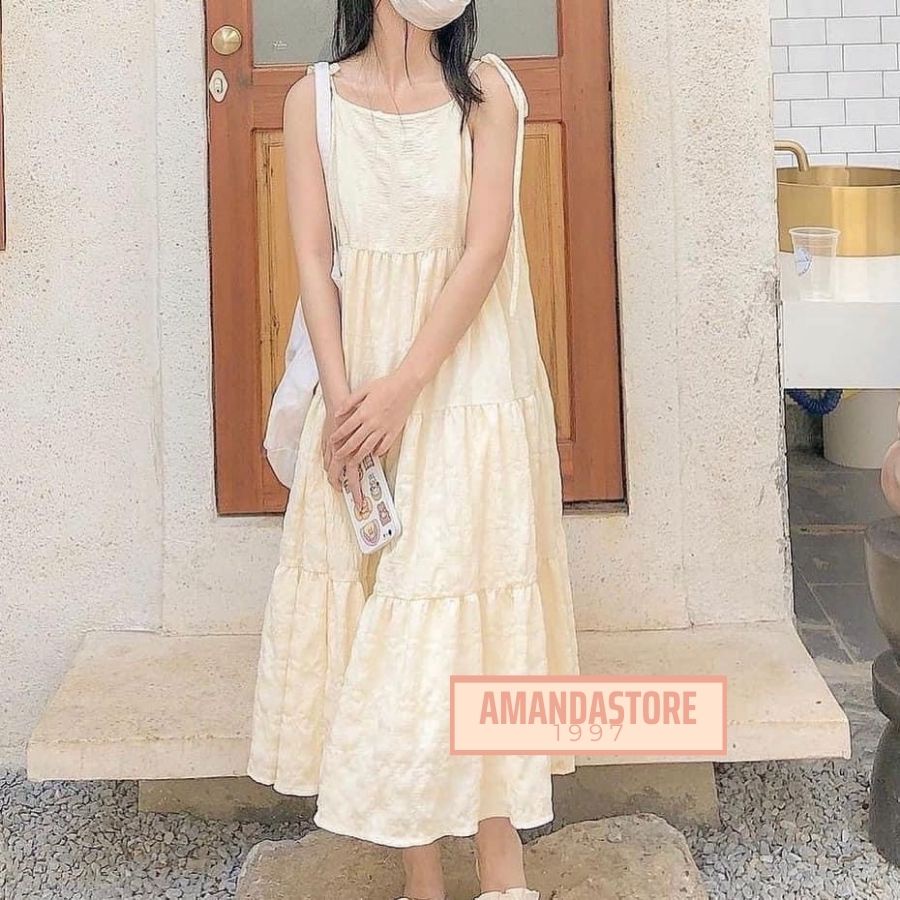 Váy 2 dây đi biển maxi, váy 2 lớp dây buộc nơ điều chỉnh siêu xinh, hai dây chất đũi xốp siêu mát