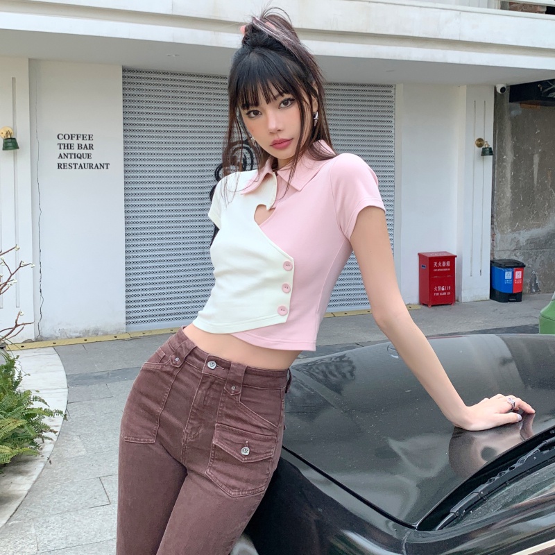 Áo thun polo ZHELIHANGFEI ngắn tay lưng cao thiết kế bất đối xứng phong cách quyến rũ