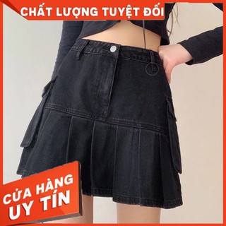 Chân váy jean xếp ly dáng chữ a túi hộp màu đen cá tính sẵn sze L,Xl