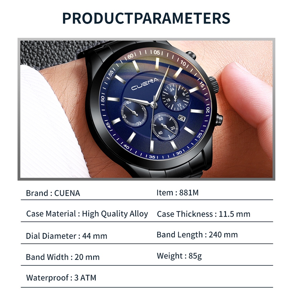 Đồng hồ CRRJU 881S bằng thép không gỉ không thấm nước thời trang thể thao thông thường cho nam