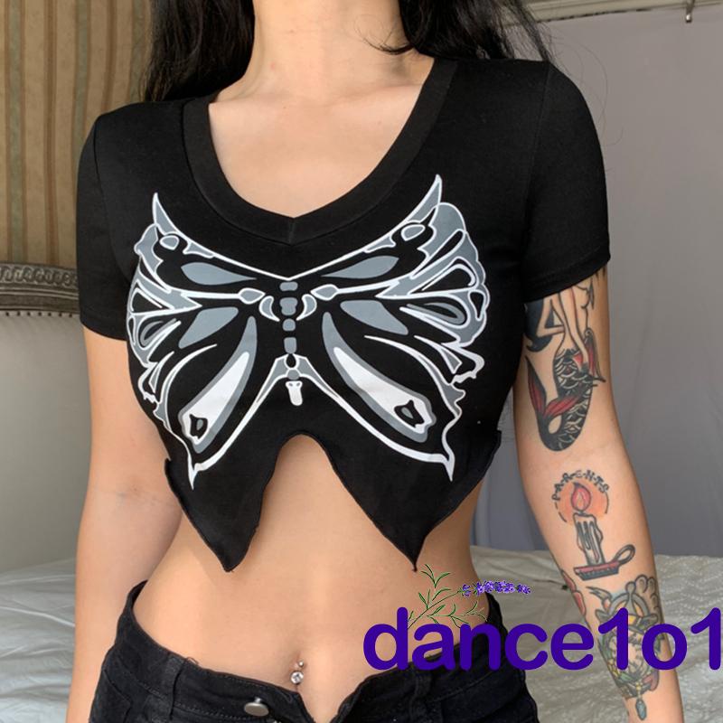 ☌OF✲Women Summer V-neck Short Sleeve Butterfly Pattern Print Crop Tops