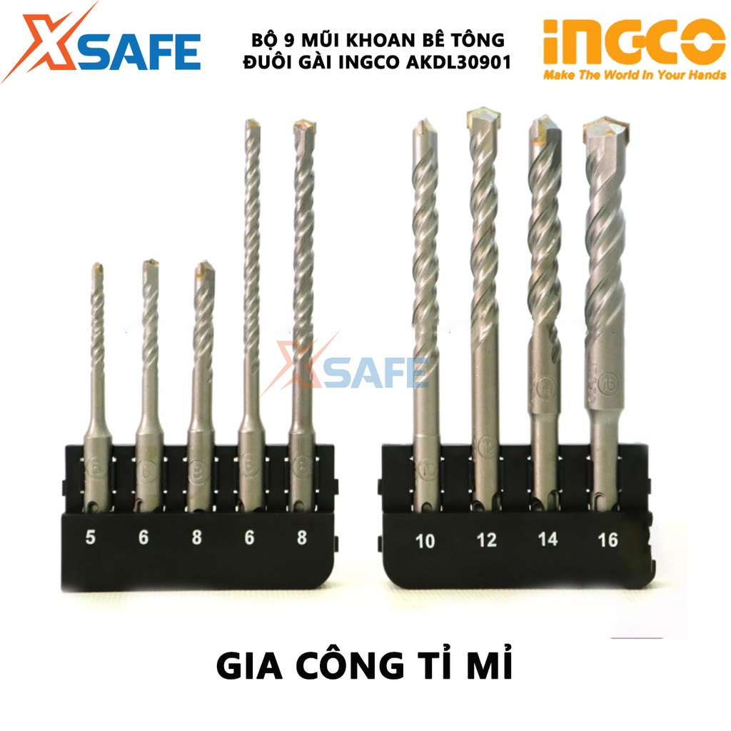 Bộ 9 mũi khoan bê tông đuôi gài INGCO AKDL30901 Bộ mũi khoan 9 chi tiết SDS Plus, đóng gói bằng vỉ kép