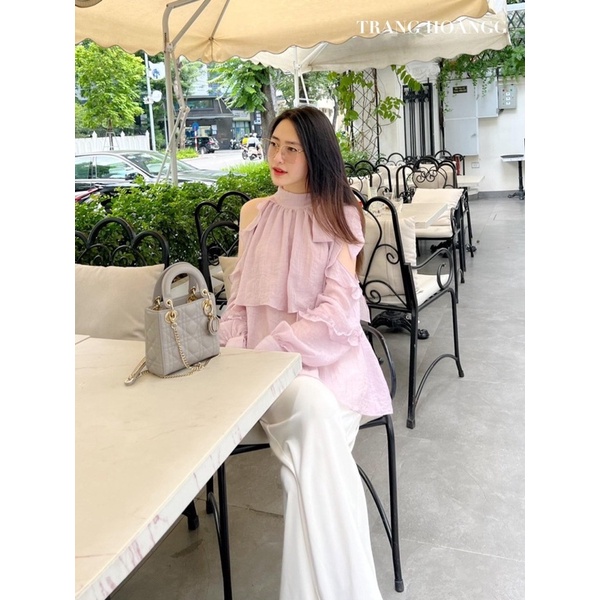 Áo sơ mi dài tay voan tơ trễ vai bánh bèo LOLI