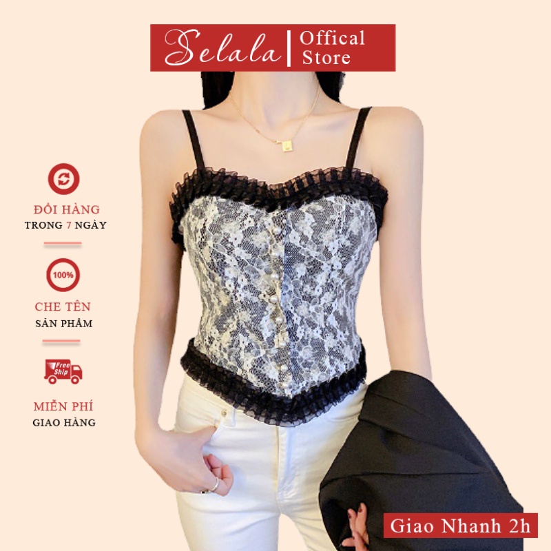Áo 2 Dây Selala Hoa Nhí Phối Ren Phong Cách Vintage Siêu Quyến Rũ V03