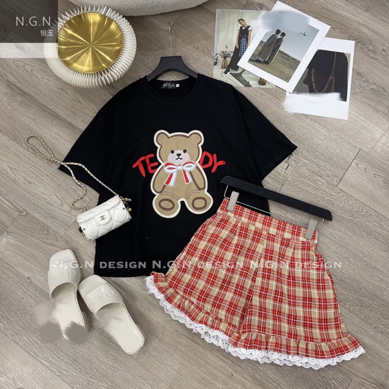 Bộ gấu teddy quần kẻ đỏ