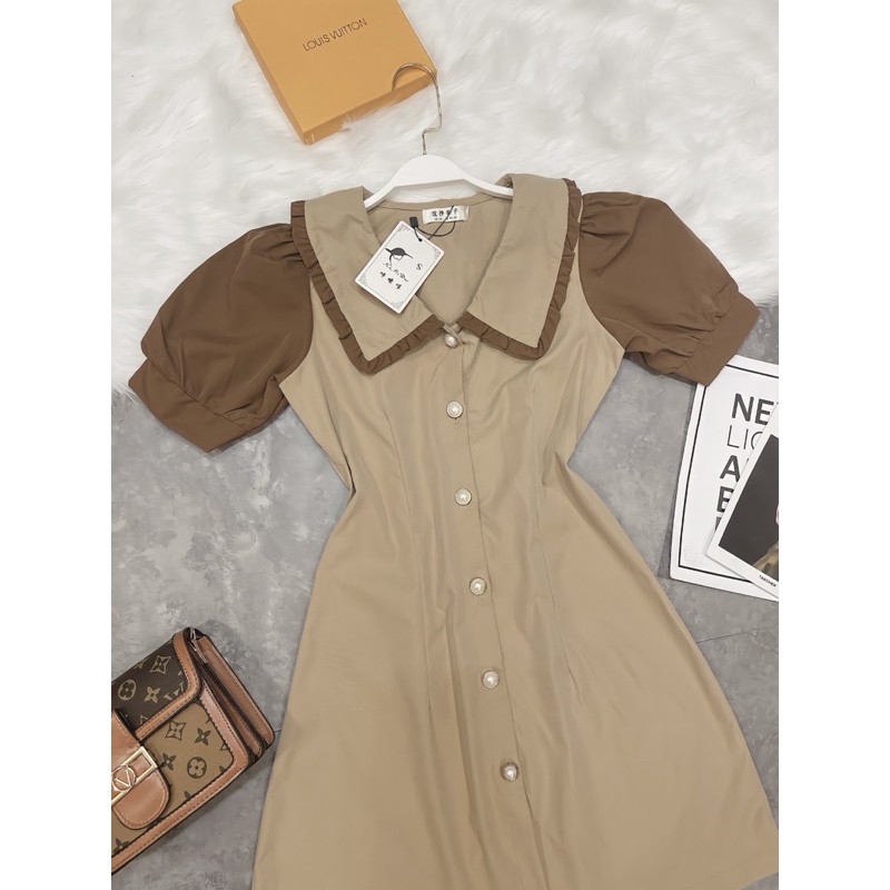 VNU248 - VÁY DÁNG A KAKI BE TAY NÂU CỔ VIỀN BÈO | BigBuy360 - bigbuy360.vn