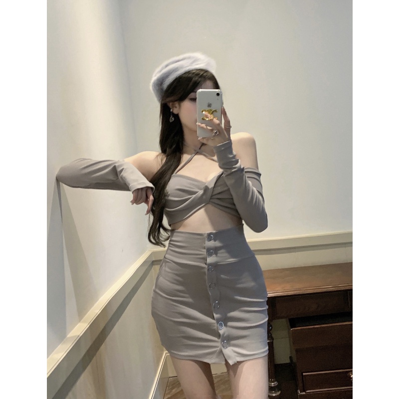 Áo thun tay dài cổ yếm / chân váy ngắn thời trang quyến rũ cho nữ