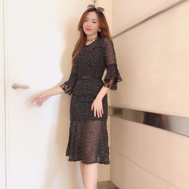 đầm maxi đuôi cá tay lỡ phối ren