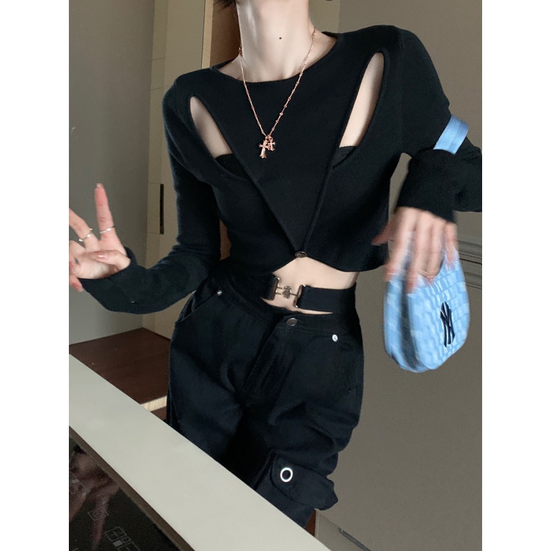 Porozi  Áo dệt kim  dài tay dáng ôm ngắn phong cách thời trang Hàn Quốc cho nữ