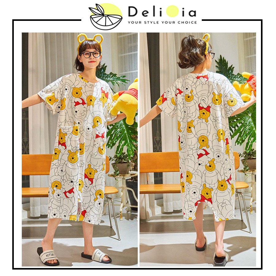 Đồ ngủ nữ tay ulzzang mềm mát hoạt hình hàng tay lỡ dáng jumpsuit họa tiết thú dễ thương, Đồ ngủ nữ Quảng Châu chất đẹp