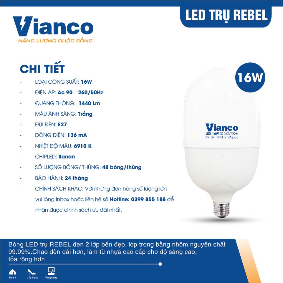 Bóng Led Trụ Rebel VIANCO Thiết Kế Mới Hiện Đại, Công Nghệ Ánh Sáng Thông Minh Bảo Vệ Thị Lực, Công Suất Nhỏ