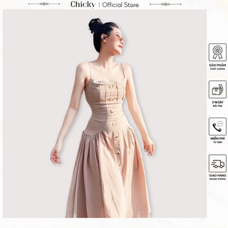 Váy đầm nữ hai dây dáng xòe nhún hai bên đính kềm nút sang chảnh