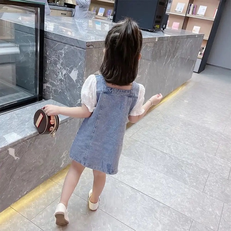 Đầm Denim Tay Ngắn Thiết Kế Mới Thời Trang Mùa Hè Theo Phong Cách Hàn Quốc Cho Bé Gái