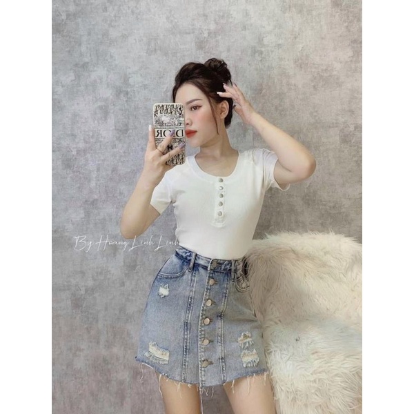 Quần sooc jean giả váy khuy giữa rách hàng QCL1
