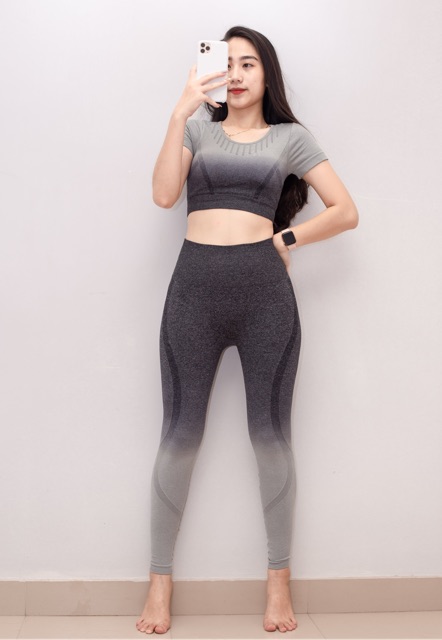 Set quần áo Gs 2 tập gym, yoga aerobic gồm áo croptop, quần legging dài nữ vải dệt kim, co giãn