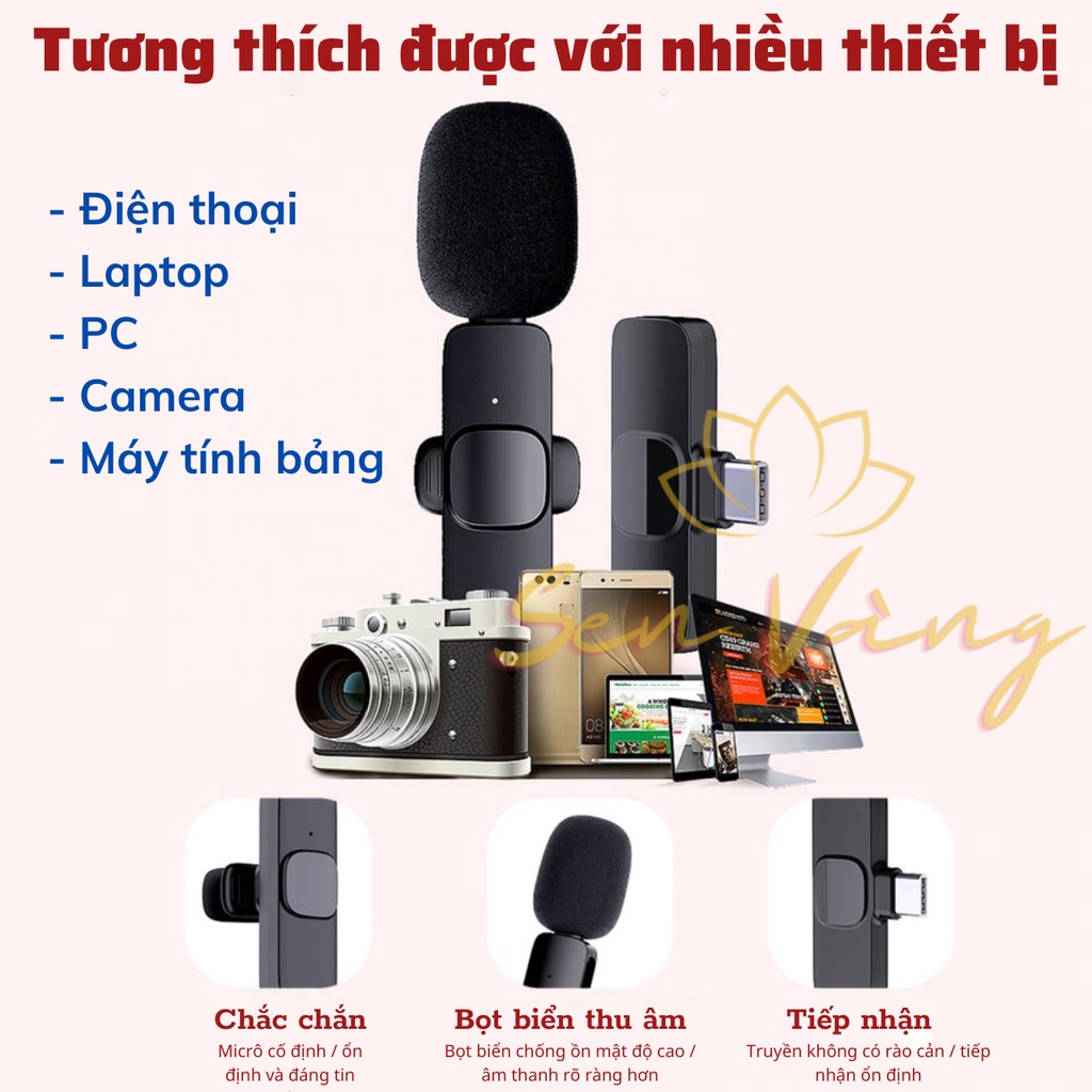 Micro cài áo không dây Micro thu âm không dây cho điện thoại di động/máy tính/laptop khử tiếng ồn phù hợp phát trực tiếp