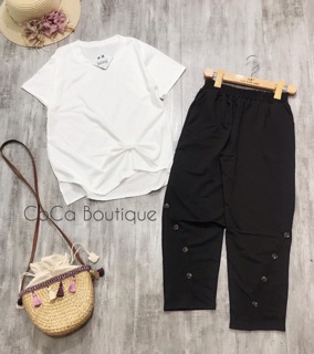 Sét bộ zúm eo vạt lệch quần cúc chéo ,