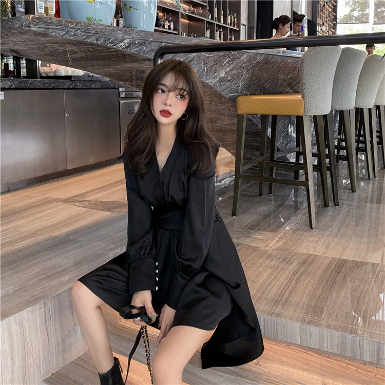 Đầm phi lụa dài tay vạt lệch phong cách Korean style - u.w