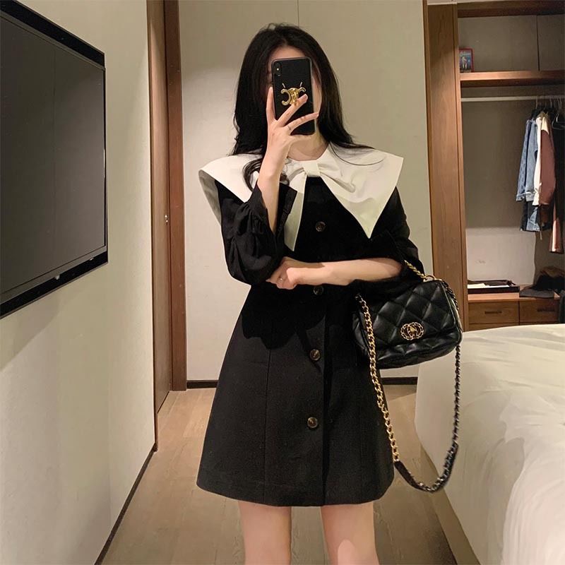 Váy babydoll Đầm Đen Ôm Eo Đính Nơ Phong Cách Pháp Thời Trang Thu Đông 2022 Cho Nữ