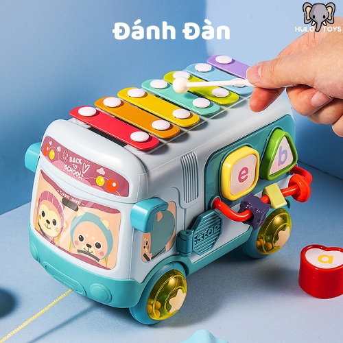 Đồ Chơi Ô Tô Đa Năng 5 Trong 1 Hulo Toys - Xe Bus Kéo Kết Hợp Đàn Gõ Piano, Xếp Hình Khối, Luồn Hạt, Xúc Xắc Cho Bé