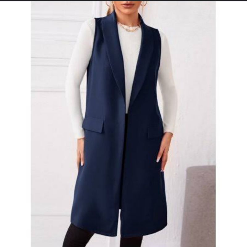 Áo khoác cardigan gile cổ vest dáng dài vnxk women sleeveless coat jacket in navy ghile choàng blazer xuất khẩu dư xịn