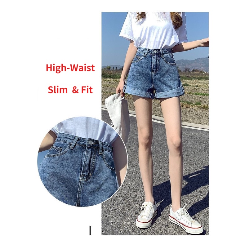 Quần Short Denim Lưng Cao Dáng Rộng Phong Cách Hàn Quốc Mẫu Mới 2022 Thời Trang Mùa Hè