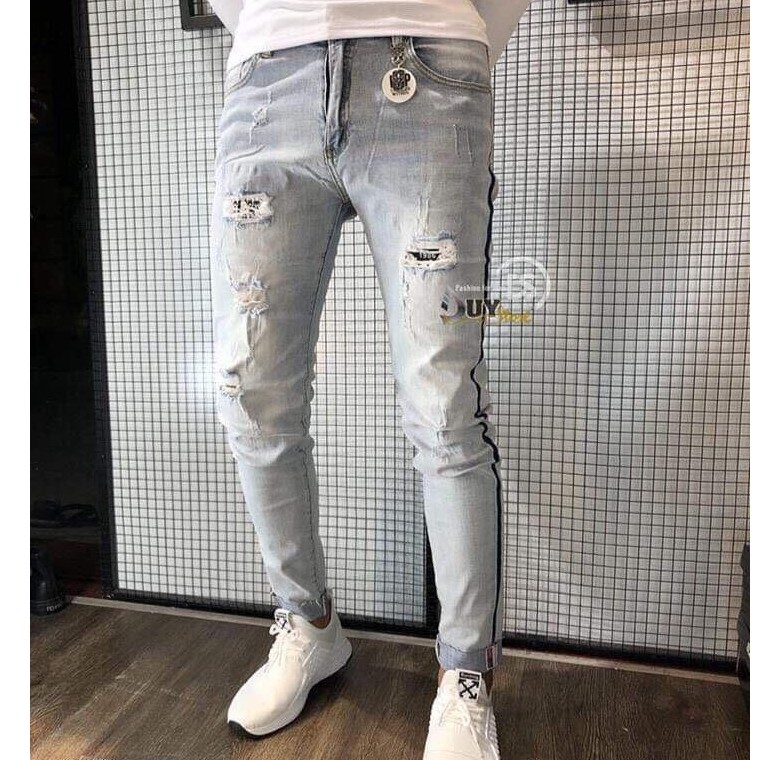 Quần jean nam cao cấp rách gối in chữ co giãn chất bò mẫu mới nhất AHFASHION | BigBuy360 - bigbuy360.vn