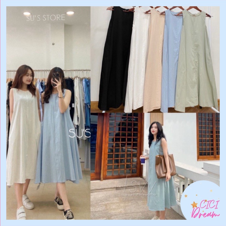 Váy - đầm ba lỗ dài dáng rộng xòe chất đũi khoét nách, Váy - đầm ba lỗ dài dáng rộng xòe chất đũi ba lỗ nhiều màu unisex