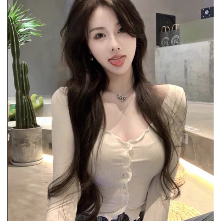 Áo thun ôm tay dài cổ V Quảng Châu ôm body sexy viền se biên 4 màu 3 kích thước