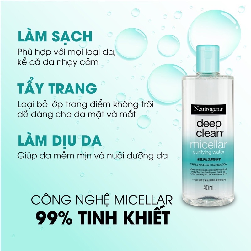 Nước Tẩy Trang Neutrogena Deep Clean Micellar Purifying Water Làm Sạch Da 400ml Date 2025